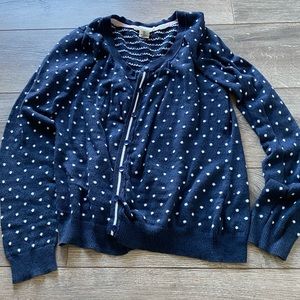 Navy blue polka dot button up cardigan. Sz L.